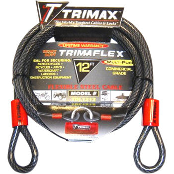The Cable Lock 12 by Trimax is a coiled, flexible steel cable with looped ends in black and red accents, packaged for securing motorcycles and bicycles.