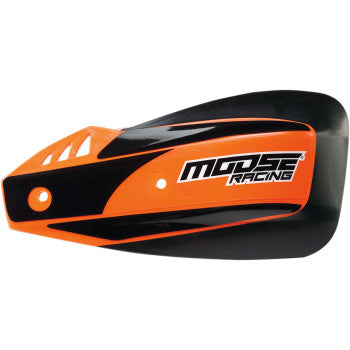 The Rebound Hand Guards Orange by Moose Offroad feature an angular orange and black plastic design, folding shields, a white and black Moose Racing logo on the right side, and durable billet aluminum mounts for secure installation.