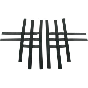 The Nerf Bar Net Black by Motorsport Products features black nylon with vertical and horizontal straps in a grid pattern, ideal as replacement webbing for EZ-Fit Nerf Bars or as Nerf Bar webbing to boost race car safety.