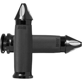 Two Indian Custom Contour Grips - Spike - Black by Avon Grips, featuring textured surfaces, pointed metal ends, and classic styling, are arranged in an X shape for a bold, rugged look.