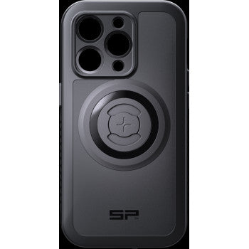 The Xtreme SPC+ Case iPhone 14 Pro by Sp Connect is a black, MagSafe-compatible case with a center circular mount, fits phones with triple cameras and flash, and has “SP” lettering at the bottom for style and convenience.