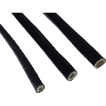 Three Fire Sleeve Black 3/8 ID x 24 Length by Cycle Performance Prod. insulation tubes, ideal for gas line or racing fire protection, are shown diagonally with textured black fabric surfaces and hollow centers on a white background.