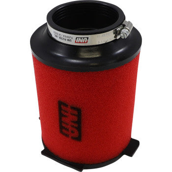 The Kawasaki Replacement Air Filter by Uni Filter is a red foam filter with a black top and base, featuring the UNI logo and metal clamp—engineered to increase airflow and enhance horsepower.
