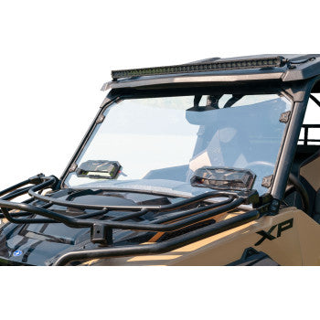 Close-up of a Polaris General UTV featuring a Seizmik vented polycarbonate windshield, weather tight seal, roof-mounted light bar, front cargo rack, Seizmik mirrors, and tan XP-labeled exterior.