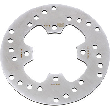 The Polaris ATV Brake Rotor by Ebc is a round, silver steel disc with several evenly spaced scraper holes on the edge and four larger, curved cutouts near the center, similar in appearance to carbon steel brake rotors.