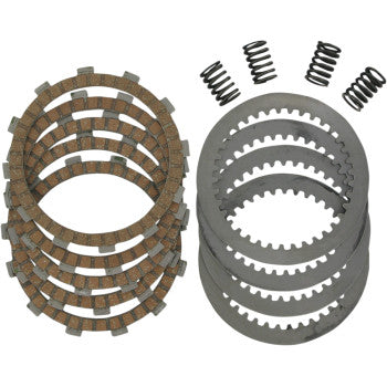 The Clutch Kit by DP Brakes includes brown friction plates, gray steel plates, and five metal springs—perfect for clutch kits or off-road bikes—all neatly arranged on a white background.