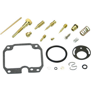 The Yamaha Carburetor Repair Kit by Shindy, featuring jet needle sets, float valve, gaskets, jets, screws, o-rings, springs, and metal fittings, is neatly arranged on a white background.