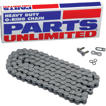 The Parts Unlimited 520 O-Ring Series Drive Chain (98 links) is shown coiled in front of its branded box, with connecting parts beside it. This durable metallic motorcycle chain ensures a long wear life.
