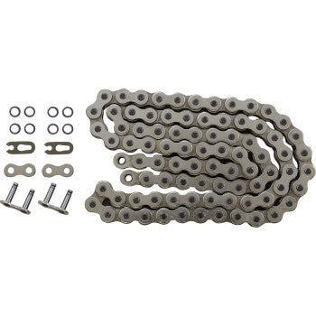 The 520 HPO O-Ring Chain 86 PLT by Moose Offroad is displayed alongside its components: two connecting links, small rubber O-rings, and two metal pins, all arranged neatly on a plain background.