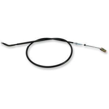 A Suzuki Black Vinyl Brake Cable by Parts Unlimited, featuring a curved metal end and exposed wire, shown in a loose loop on white—engineered to meet OEM specs for an ideal fit.