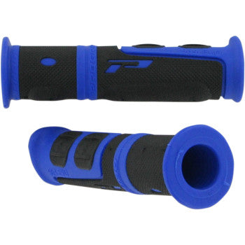 Two 964 Evo Grips Blue / Black by Pro Grip, with blue accents, textured surfaces, flared ends, and a stylized P logo. Designed for 7/8 handlebars. Displayed from side and angled views.