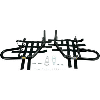 The Yamaha Banshee Nerf Bars Black by Motorsport Products feature black metal bars with black netting, made from extruded aluminum tubing. Mounting brackets and installation hardware are included, all displayed on a white background.