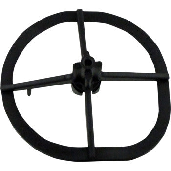 The Gas Gas - Suzuki Replacement Air Filter Cage by No Toil is a black injection-molded cage with a circular frame and cross-shaped internal supports, designed to fit Gas Gas and Suzuki models as a durable air filter replacement.