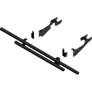 The Polaris Rear Bumper Black by Kfi Products, featuring black metal construction and a durable powder-coated finish, is shown on a white background as separate components ready for assembly.