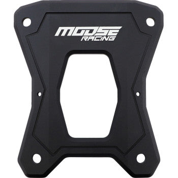 The Radius Rod Plate by Moose Offroad is a black, rectangular billet machined plate featuring beveled edges, four mounting holes, a central cutout, and the Moose Racing logo—perfect as an OEM stock replacement motorcycle accessory.