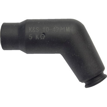 Black, L-shaped Spark Plug Cap 120° 10 12 mm by K&S Technologies with K&S 10-4221MH 5KΩ printed on the side. Features a cylindrical connector and ribbed rubber end for wire attachment.