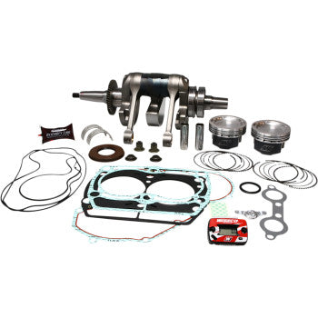 The Polaris Engine Rebuild Kit 80.00 mm by Wiseco includes a crankshaft assembly, forged piston kit, gaskets, piston rings, seals, circlips, washers, nuts, and small parts carefully arranged on a white background.
