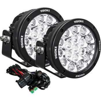 Two Vision X Light Cannon CG2 6 3/4" Multi LED Clear Lens lights with Advanced Optic Technology, shown in black with mounting brackets and wiring harnesses, displayed on a white background.