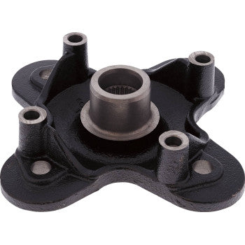 Black metal Polaris wheel hub with four mounting holes and central cylindrical bore for front and rear use.