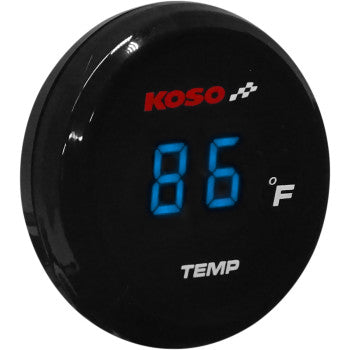 The I Gear Thermometer Blue Digits by Koso North America is a compact round black digital display thermometer showing 86°F in blue numbers, with KOSO in red at the top and TEMP at the bottom for easy temperature monitoring.