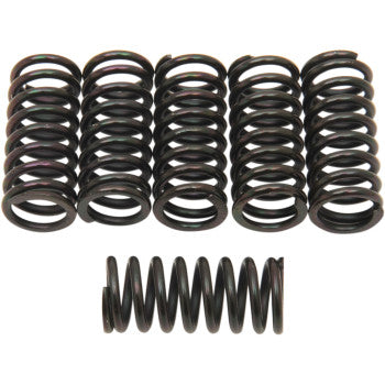 Six Clutch Springs by Barnett are arranged in a row, with one smaller coil spring below on a plain white background. Made in the USA for reliable performance and durability.