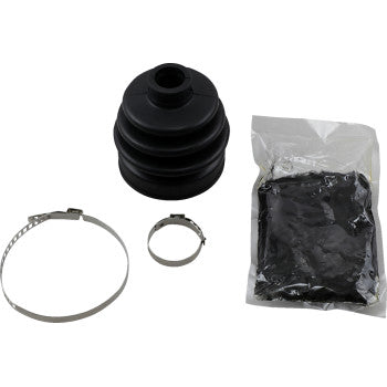 The Boot Kit Heavy Duty Inbound Outbound by Demon includes a black neoprene CV joint boot, two differently sized OEM-style metal clamps, and a sealed pack of molybdenum grease, all displayed on a white background.