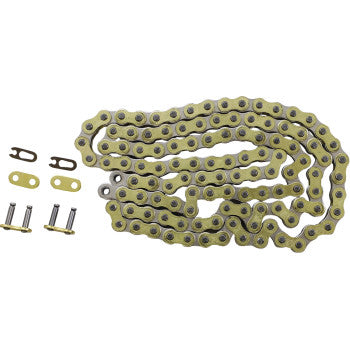 The Pro MX 428 RXP Chain Gold 116 Links by Moose Offroad is coiled alongside several small connecting links and pins, all neatly arranged on a plain white background.