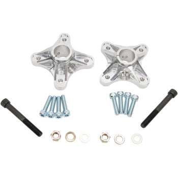 Two Dura Blue Honda Wheel Hubs Rear X-33/Cast 0 Spline 4/110, each with four arms and steel inserts for reduced spline wear, are shown on a white background with eight screws, two black bolts, four washers, and four nuts.