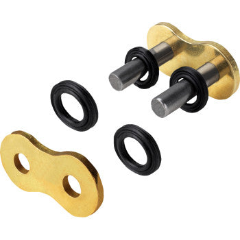X3 520 R Series Rivet Connecting Master Link by Regina, includes two metal pins, two gold outer plates, and four separate black O-rings—displayed on a white background.
