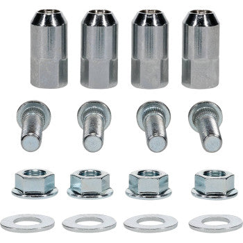 Polaris Wheel Stud Nut Kit Front & Rear by Moose Offroad includes four silver metal wheel nuts, bolts, washers, and hex nuts arranged in rows on a white background—perfect for any wheel rebuild kit.