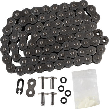 The 520 X1R3 Drive Chain 78 Link by JT Chains includes a coiled metal chain with connector links, three metal pins, four black O-rings, and white plastic parts in a small bag, all arranged on a white background.