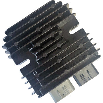 Black aluminum heat sink regulator rectifier with multiple cooling fins and two gray electrical connectors.