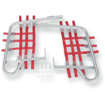 Silver metal nerf bars with red webbing straps and mounting hardware for Honda TRX offroad vehicle.