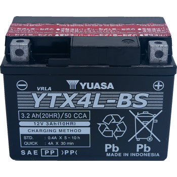 Compact black Yuasa YTX4L-BS battery with silver terminals and red top label, designed for offroad vehicles.