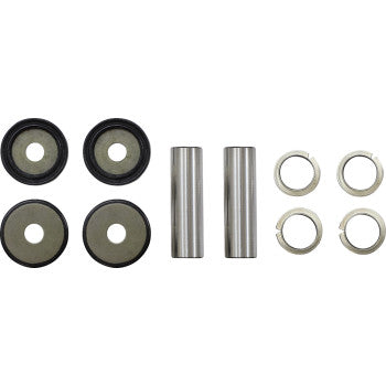 The Rear Knuckle Suspension Kit by Moose Offroad includes four black washers, two metal rods, and four metal retaining rings, all arranged on a white background.