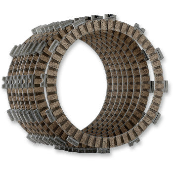 The Clutch Plate Kit Fiber by Hinson Racing features circular, textured plates with alternating brown friction surfaces and silver metal tabs, precisely designed to fit within a clutch basket.
