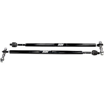 Turbo S Tie Rods by SDI: two black metal adjustable rods with silver connectors and joints, white SDI logo on each. Heavy-duty, race-proven performance. Shown side by side on a white background.