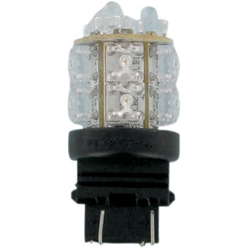 A close-up of the Brite-Lites LED 360 Replacement Bulb 3157 Amber shows high-quality LEDs in a 360° design on a black plastic base with metal connectors.