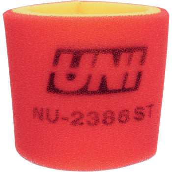 The Kawasaki Air Filter by Uni Filter is a red and yellow cylindrical foam filter with UNI and NU-2398ST printed in black on the front, designed to provide maximum airflow.