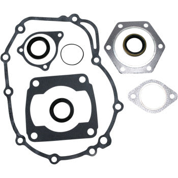 The Polaris Complete Gasket Set by Vesrah includes a large gasket, multiple circular seals, and uniquely shaped top-end gaskets, all displayed on a white background—ideal for comprehensive engine rebuilds.