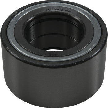 A close-up of the Moose Offroad Wheel Bearing Kit Tapered Double Angular Contact Front & Rear, showing its black cylindrical body, metallic inner ring, and high-contact double-lip seals from a side and face angle.