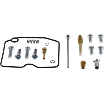 The Kawasaki Carburetor Repair Kit by Moose Offroad includes screws, gaskets, NBR O-rings, springs, jets, a needle valve, and small metal parts arranged on a white background.