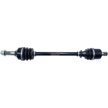 The Kawasaki Teryx Axle Complete Heavy Duty Front Right by Demon features a black chromoly steel shaft with rubber boots and metal joints, designed for drivetrain systems and compatible with portal gear lifts, shown on a white background.