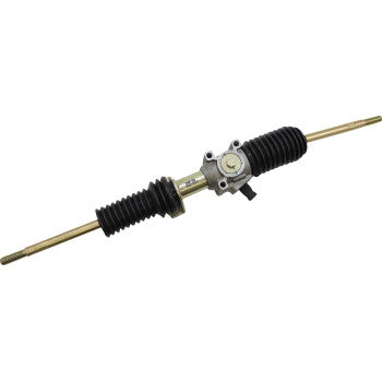 The Steering Rack by Moose Offroad features a metal assembly with black rubber boots on both ends and gold-colored tie-rod ends extending outward on each side.