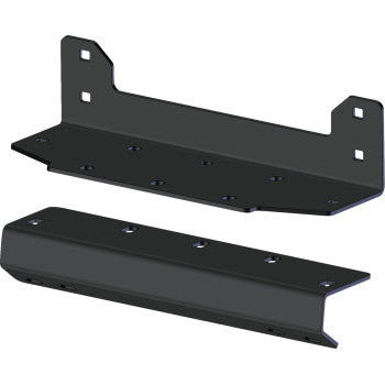Two black metal CFMoto Winch Mount brackets by Kfi Products, each with multiple screw holes, angled edges, and flat surfaces for secure ATV winch attachment, shown side by side against a white background.