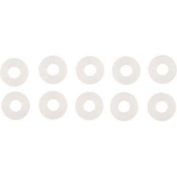 Ten white nylon M5 washers from the Washers Nylon M5 10 Pack by Bolt are arranged in two rows of five on a plain white background, perfect as replacement hardware for various projects.
