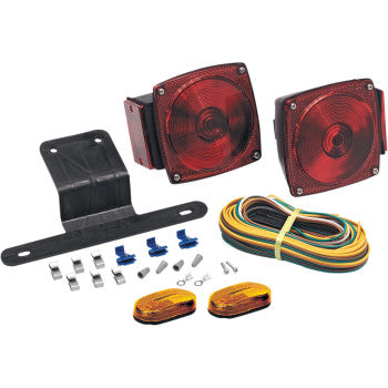 The Trailer Taillight Kit Waterproof by Optronics Inc. includes stud-mount taillights, a black license plate bracket, two oval amber reflectors, wiring harness, and installation hardware, all shown on a white background.