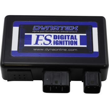 The Kawasaki Non Programmable Ignition System by Dynatek is a black rectangular electronic module with two connector ports and www.dynaonline.com on the label, offering plug-in replacement and increased spark energy for motorcycle ignition systems.