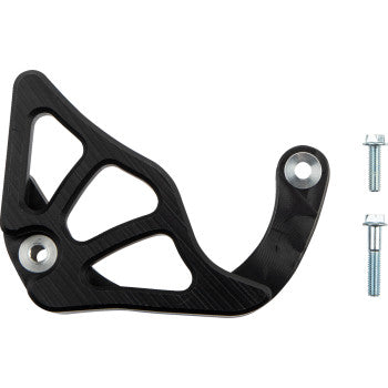 The Yamaha Case Saver Sprocket Cover Black by T.M. Designworks, featuring cut-out sections for case protection or use as a sprocket cover, is shown alongside two bolts and washers on a white background.