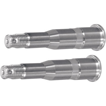 A pair of Suzuki Shafts Front Spindle by Lone Star Racing, featuring metal cylindrical bodies with threaded ends and flanged bases, are shown parallel to each other on a white background.